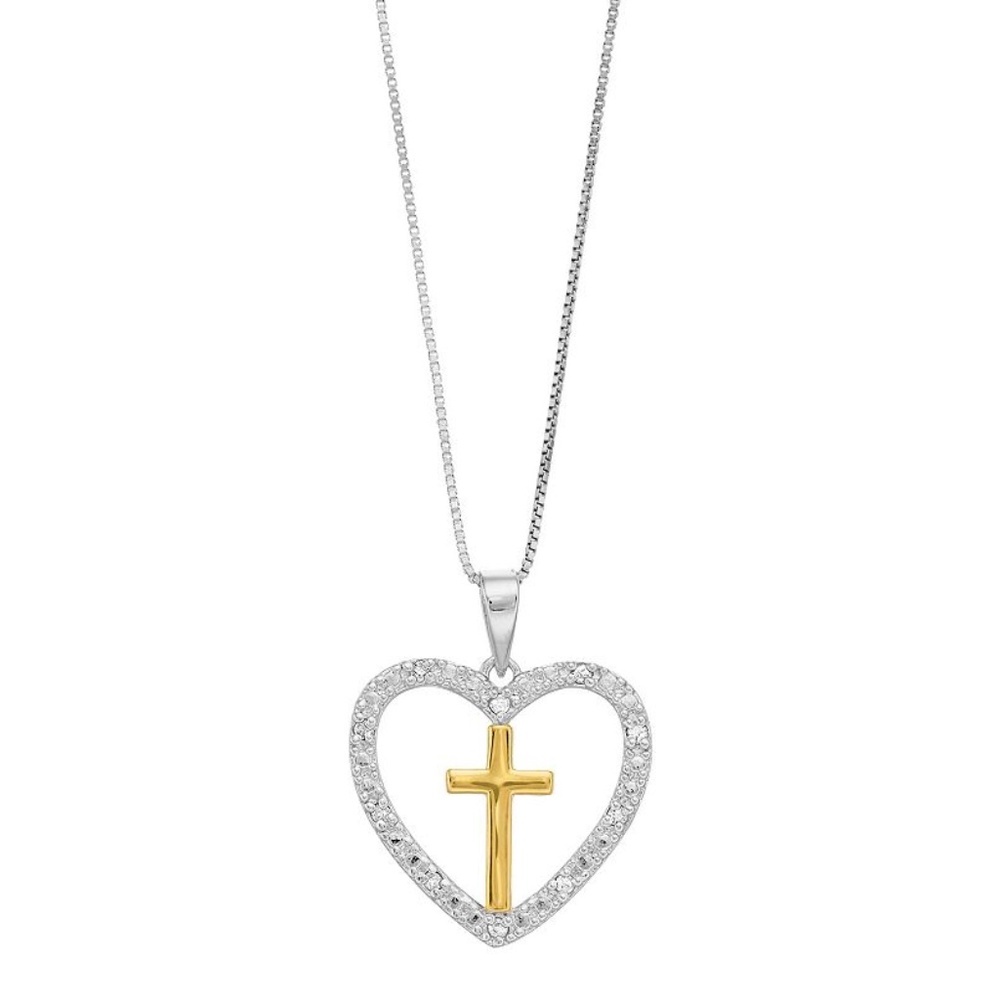 Delicate Diamonds Two Tone Sterling Silver Open Heart Cross Pendant Necklace